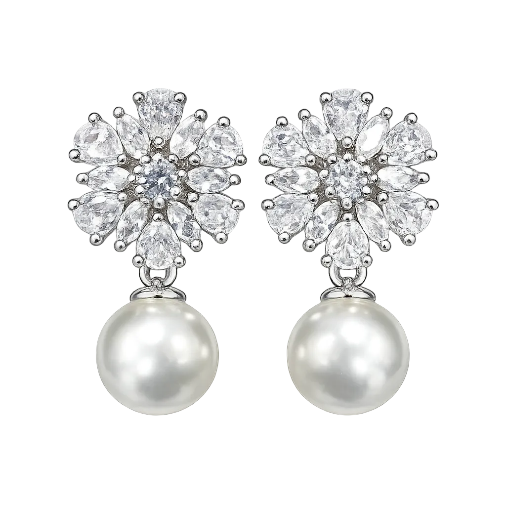 Pearl Drop Floral Earrings with American Diamond for Women
