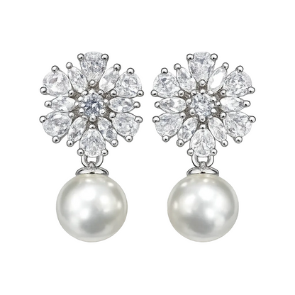 Pearl Drop Floral Earrings with American Diamond for Women