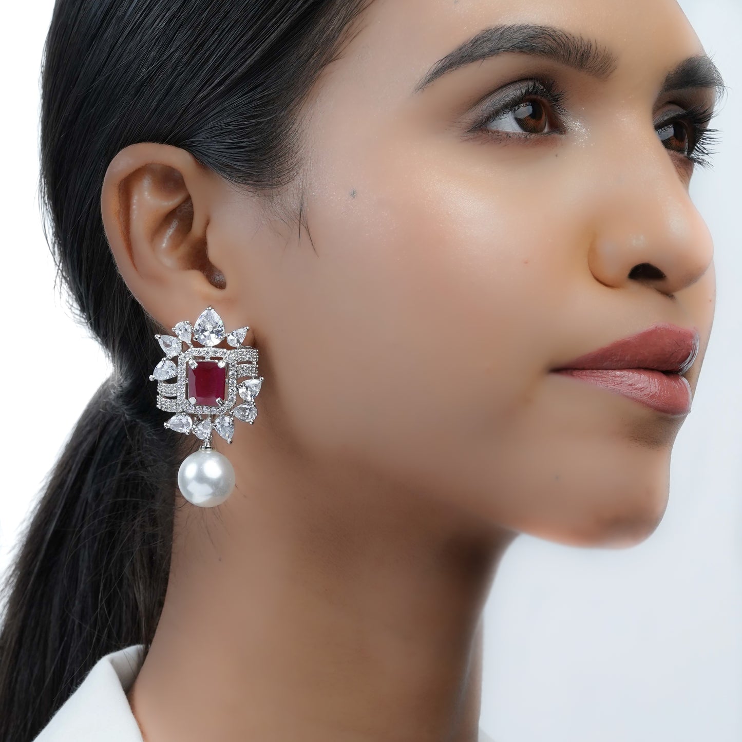 Ruby Stone Pearl Drop Earrings for Women