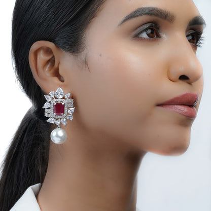 Ruby Stone Pearl Drop Earrings for Women