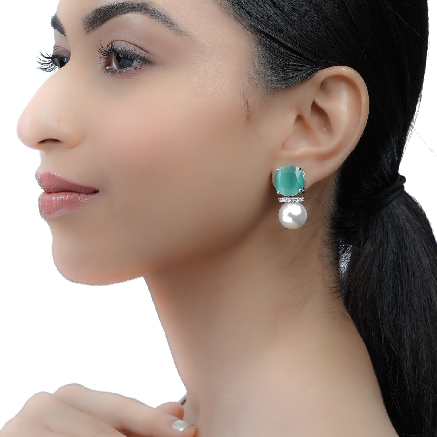 Teal Green Stone Pearl Drop Earrings for Women