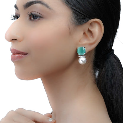 Teal Green Stone Pearl Drop Earrings for Women