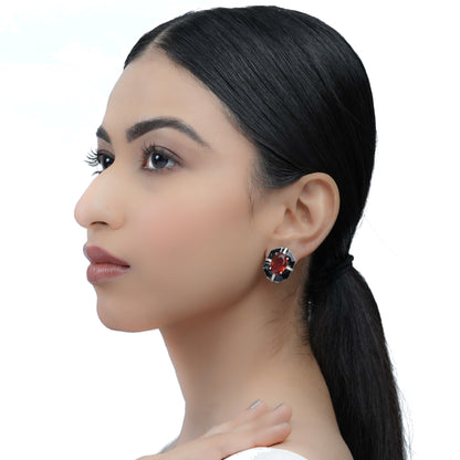 Black Base Red Stone Stud Earrings for Women