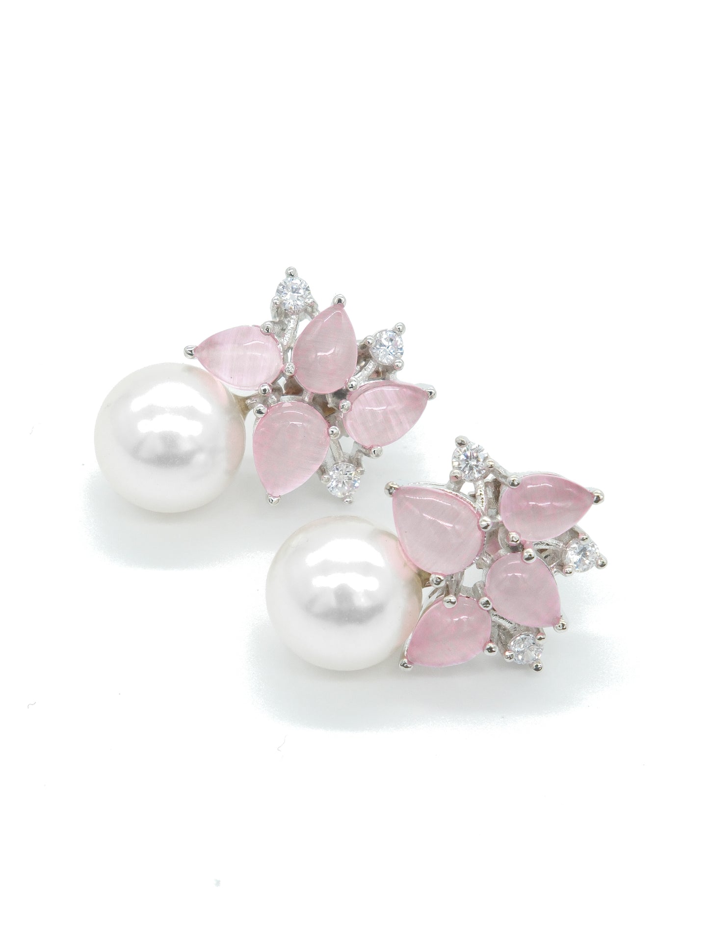 Pink Stone Pearl Drop Floral Earrings