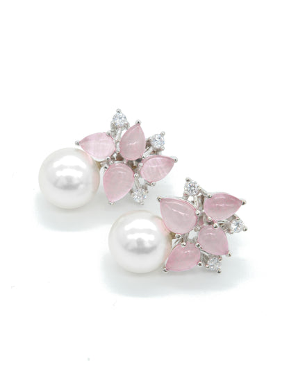Pink Stone Pearl Drop Floral Earrings