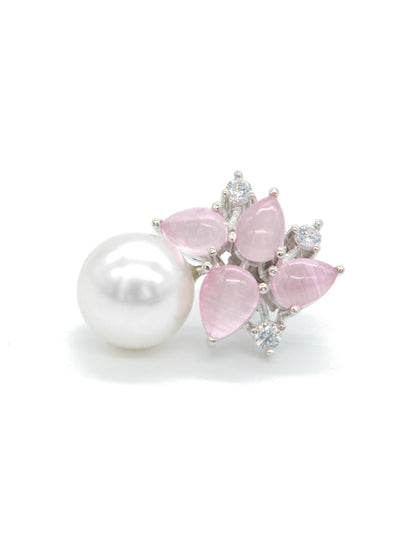 Pink Stone Pearl Drop Floral Earrings
