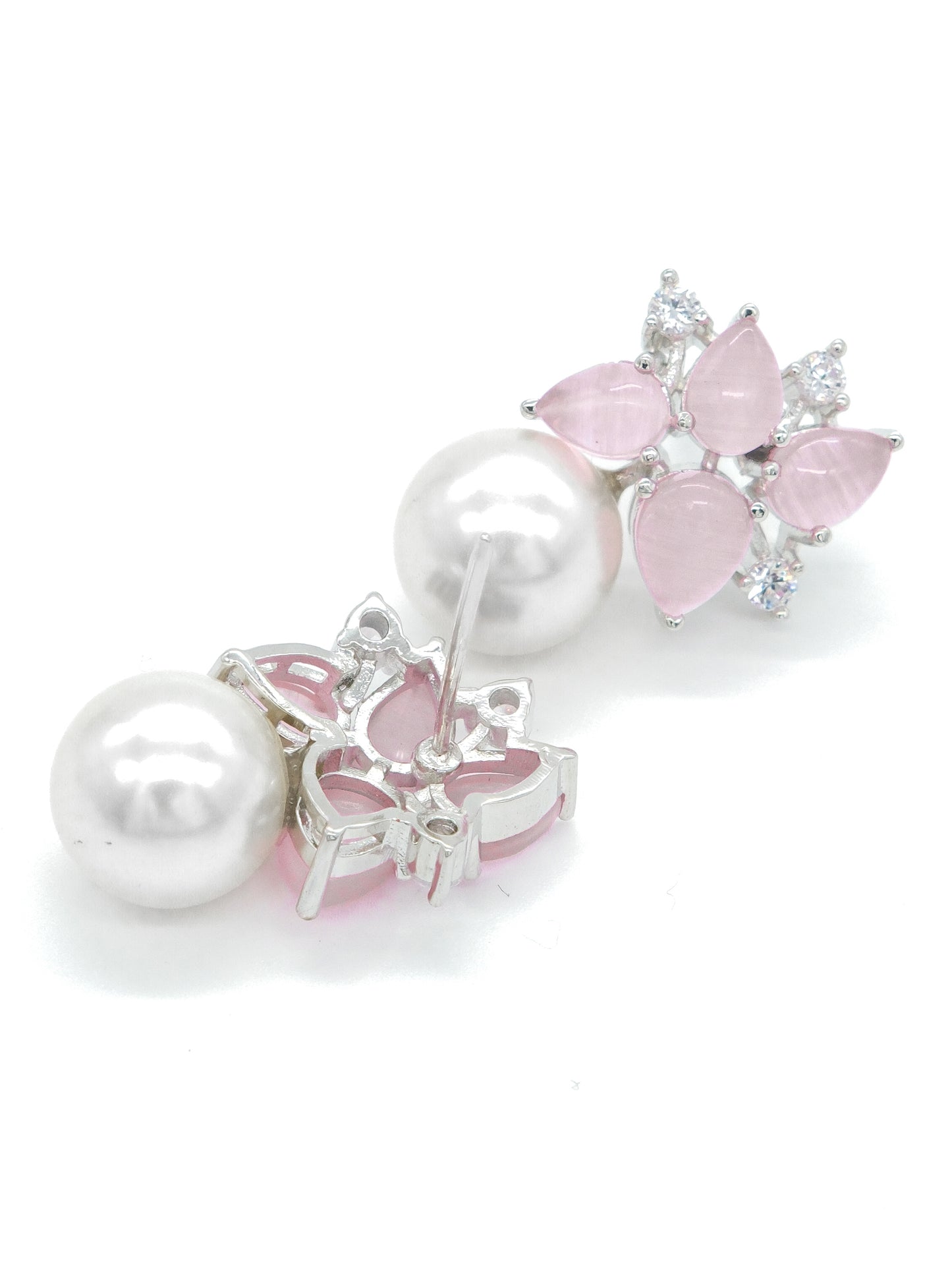 Pink Stone Pearl Drop Floral Earrings