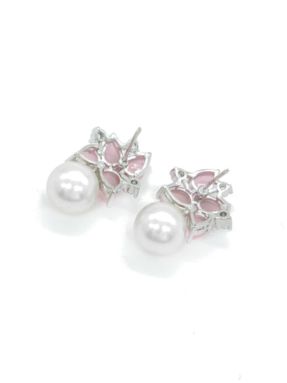 Pink Stone Pearl Drop Floral Earrings