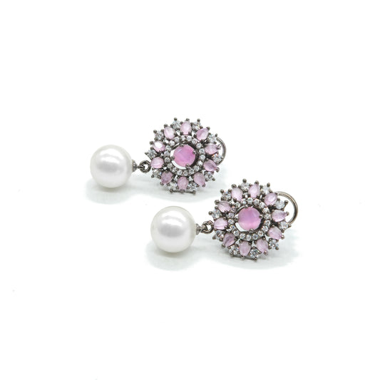 Pink Stone Pearl Drop Earrings for Women