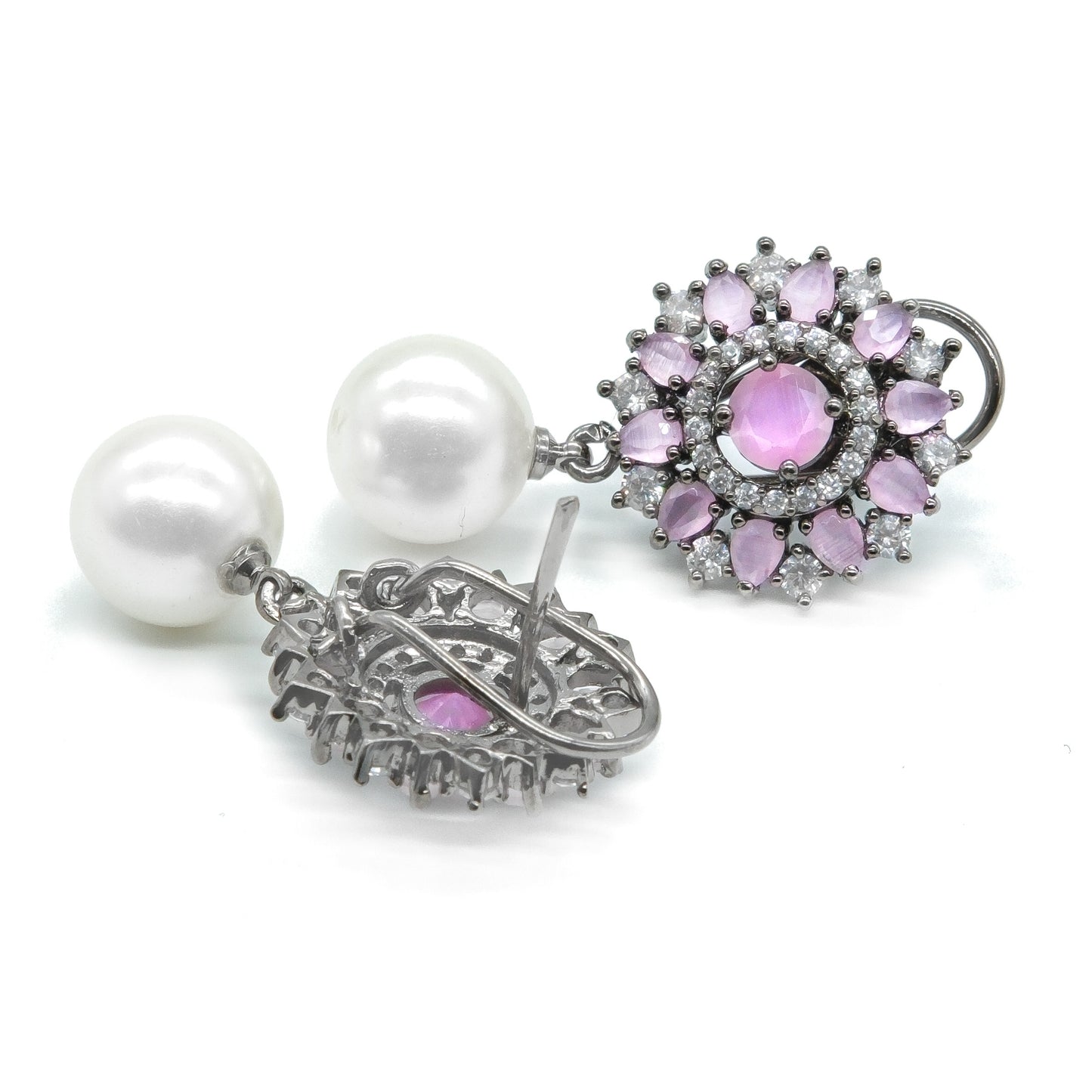 Pink Stone Pearl Drop Earrings for Women