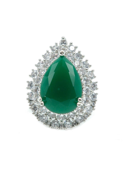 Silver Plated Green American Diamond Teardrop Halo Ring