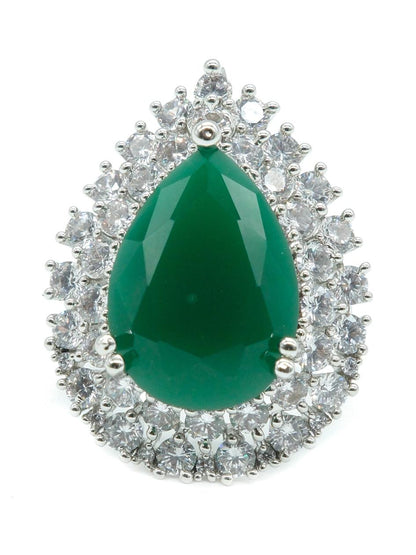 Silver Plated Green American Diamond Teardrop Halo Ring