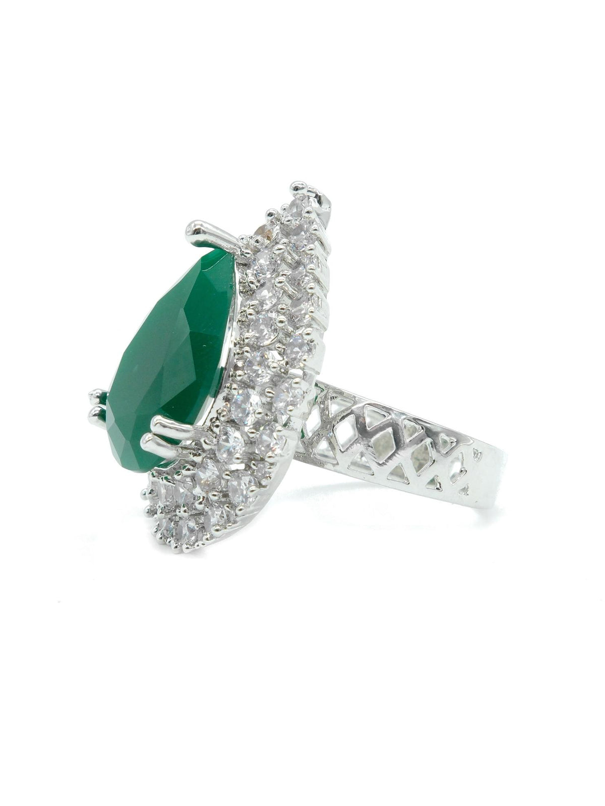 Silver Plated Green American Diamond Teardrop Halo Ring