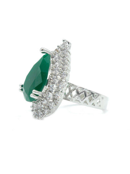Silver Plated Green American Diamond Teardrop Halo Ring