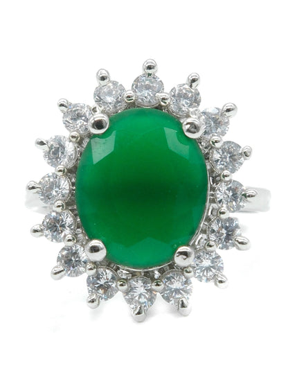 Rhodium Plated Green American Diamond Floral Halo Ring