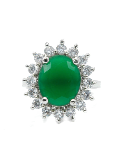 Rhodium Plated Green American Diamond Floral Halo Ring