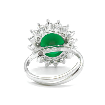 Rhodium Plated Green American Diamond Floral Halo Ring