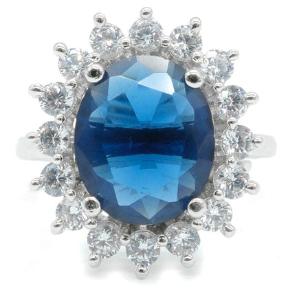Rhodium Plated Blue American Diamond Floral Halo Ring