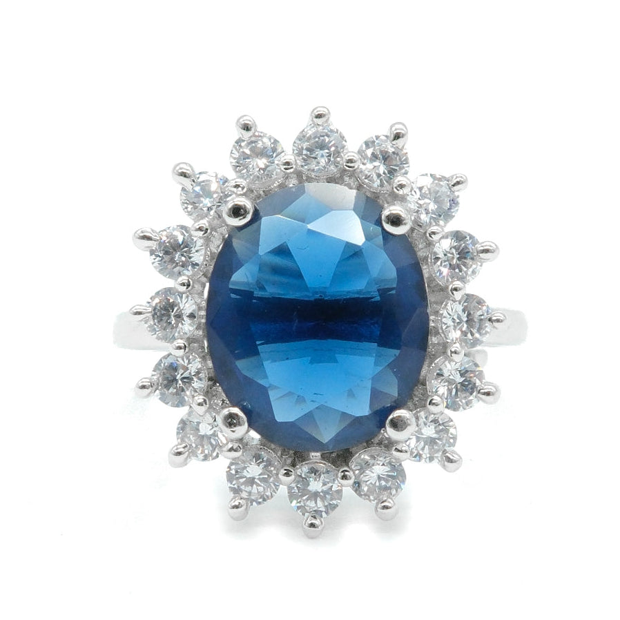 Rhodium Plated Blue American Diamond Floral Halo Ring
