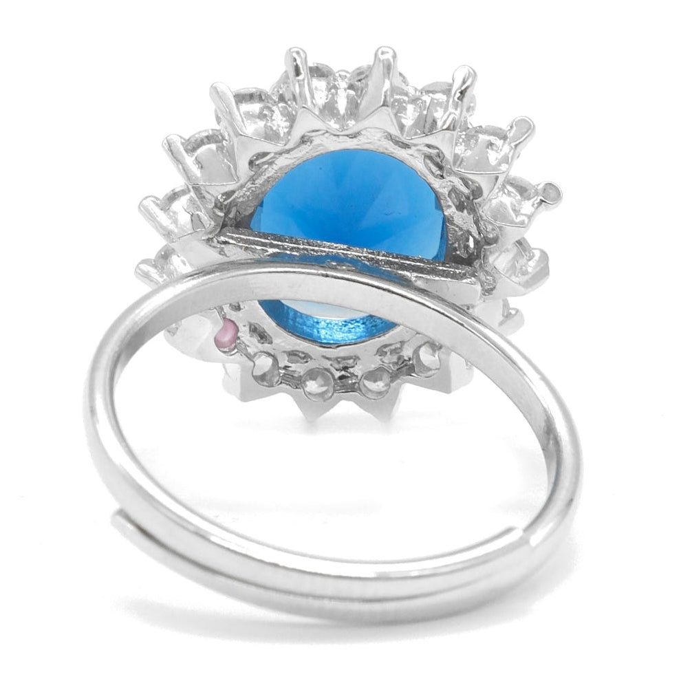 Rhodium Plated Blue American Diamond Floral Halo Ring