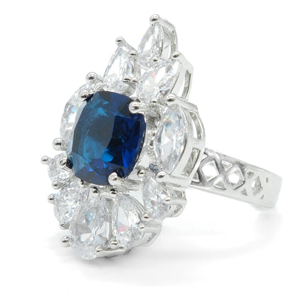 Silver Plated Blue American Diamond Floral Statement Ring