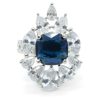 Silver Plated Blue American Diamond Floral Statement Ring