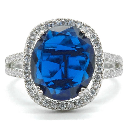 Silver Plated Blue American Diamond Round Halo Ring