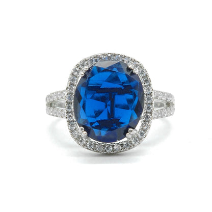 Silver Plated Blue American Diamond Round Halo Ring