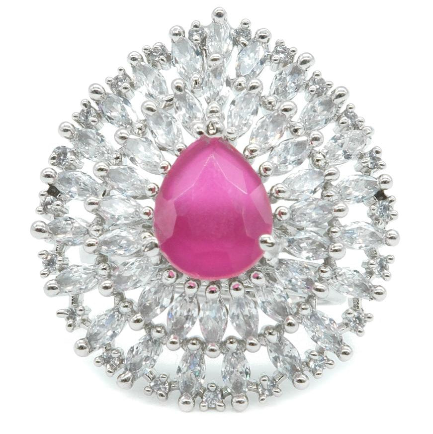 Rhodium Plated Pink American Diamond Halo Statement Ring