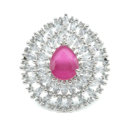 Rhodium Plated Pink American Diamond Halo Statement Ring
