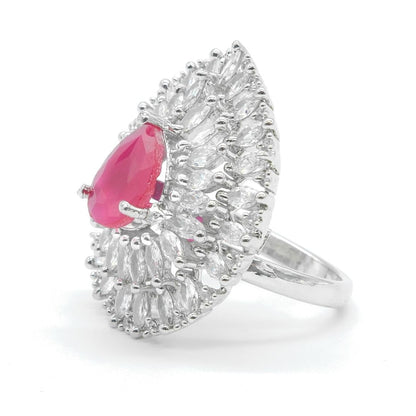 Rhodium Plated Pink American Diamond Halo Statement Ring