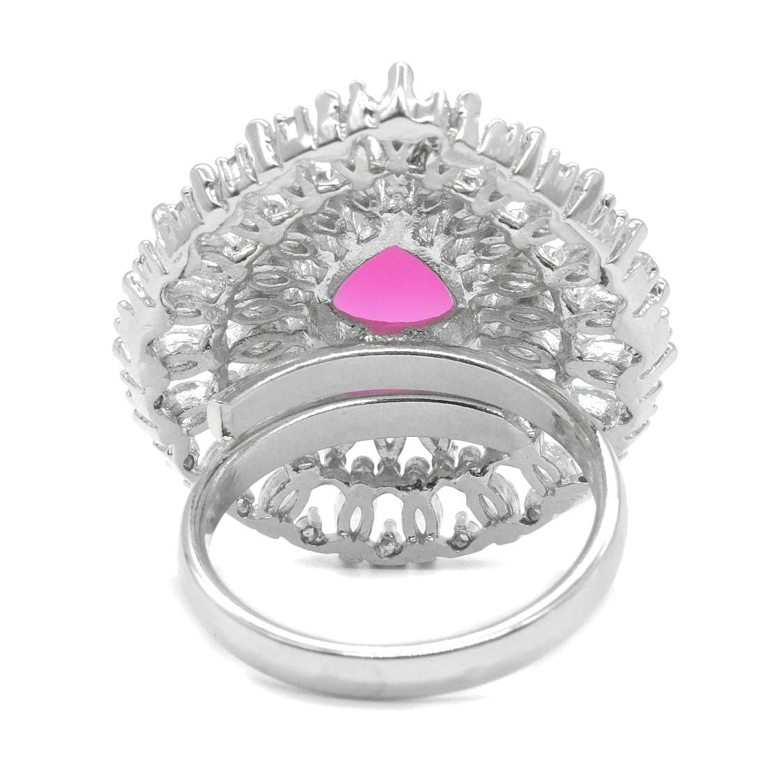 Rhodium Plated Pink American Diamond Halo Statement Ring