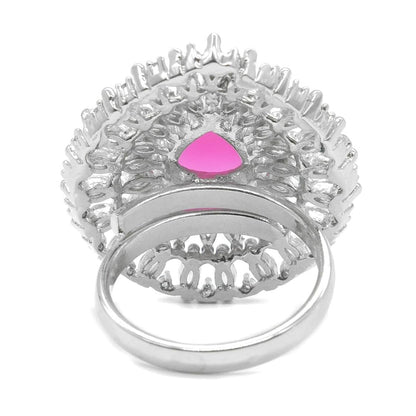 Rhodium Plated Pink American Diamond Halo Statement Ring