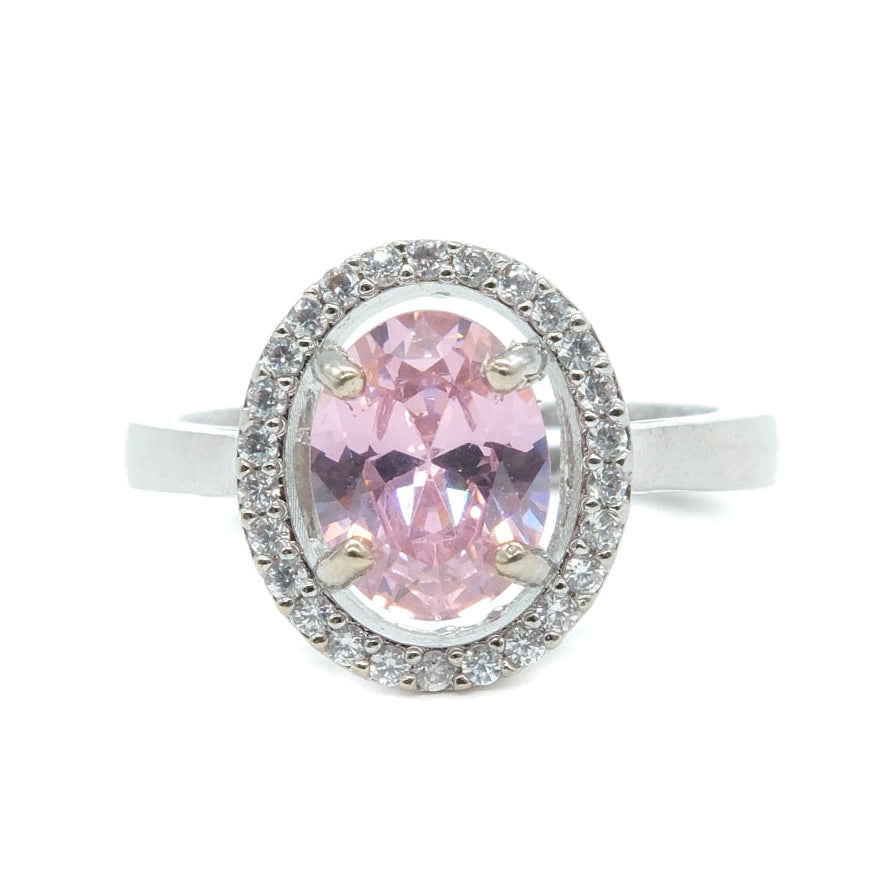 Rhodium Plated Light Pink American Diamond Round Halo Ring
