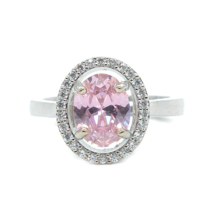 Rhodium Plated Light Pink American Diamond Round Halo Ring
