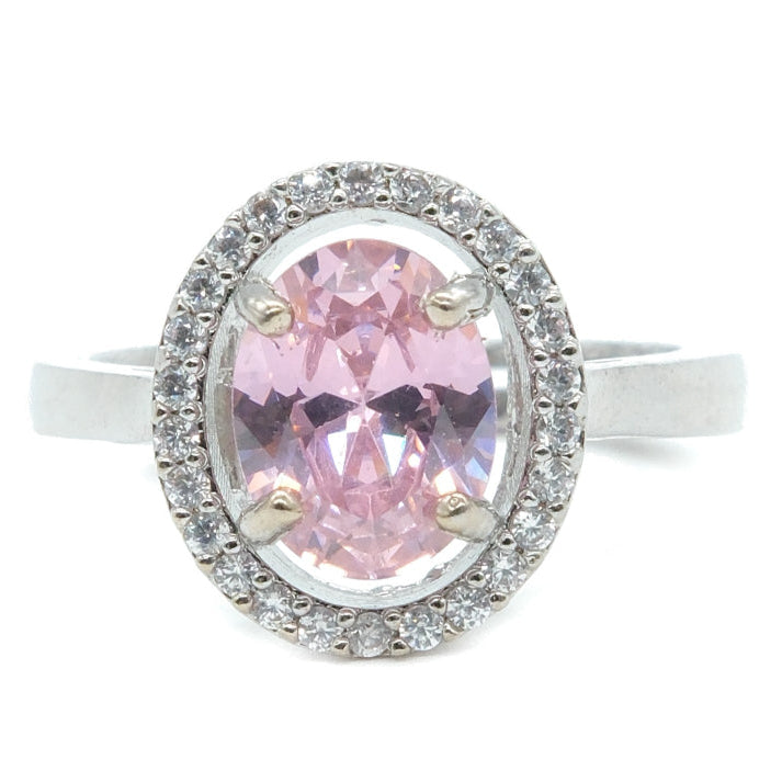 Rhodium Plated Light Pink American Diamond Round Halo Ring