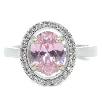 Rhodium Plated Light Pink American Diamond Round Halo Ring