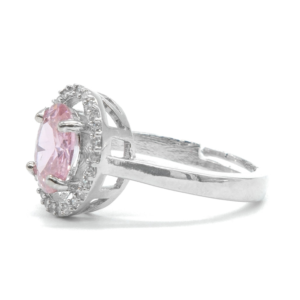 Rhodium Plated Light Pink American Diamond Round Halo Ring