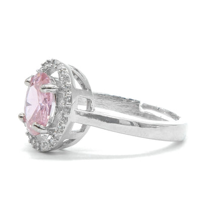 Rhodium Plated Light Pink American Diamond Round Halo Ring