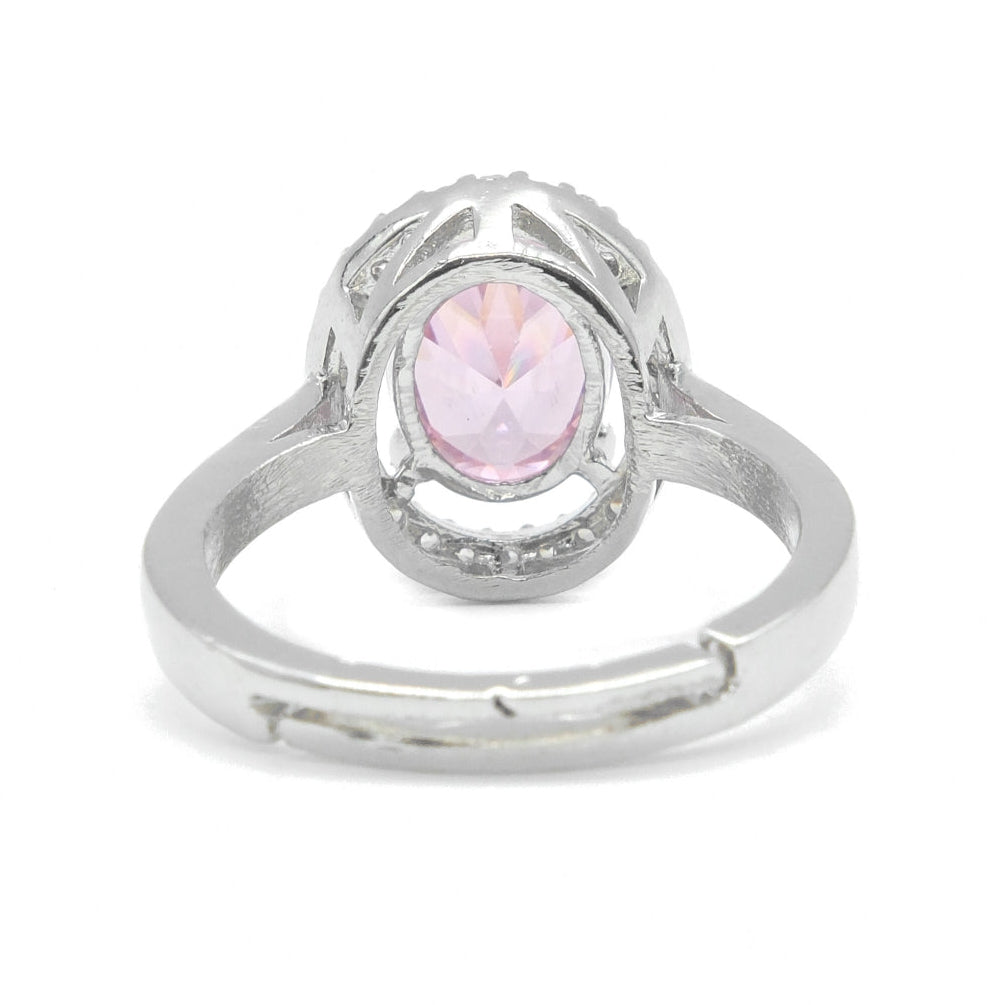 Rhodium Plated Light Pink American Diamond Round Halo Ring