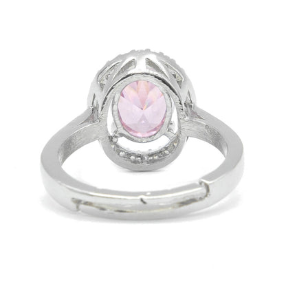 Rhodium Plated Light Pink American Diamond Round Halo Ring