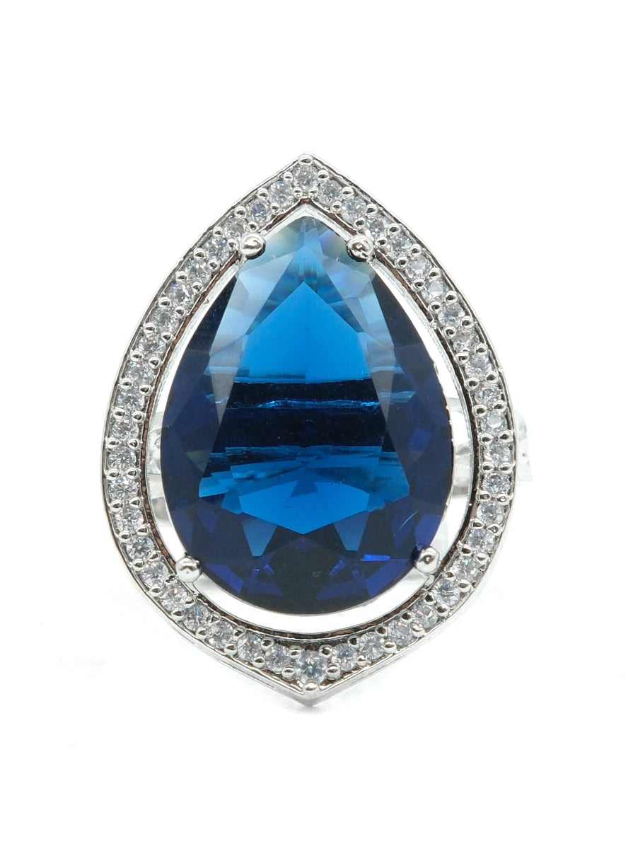 Silver Plated Blue American Diamond Teardrop Halo Ring