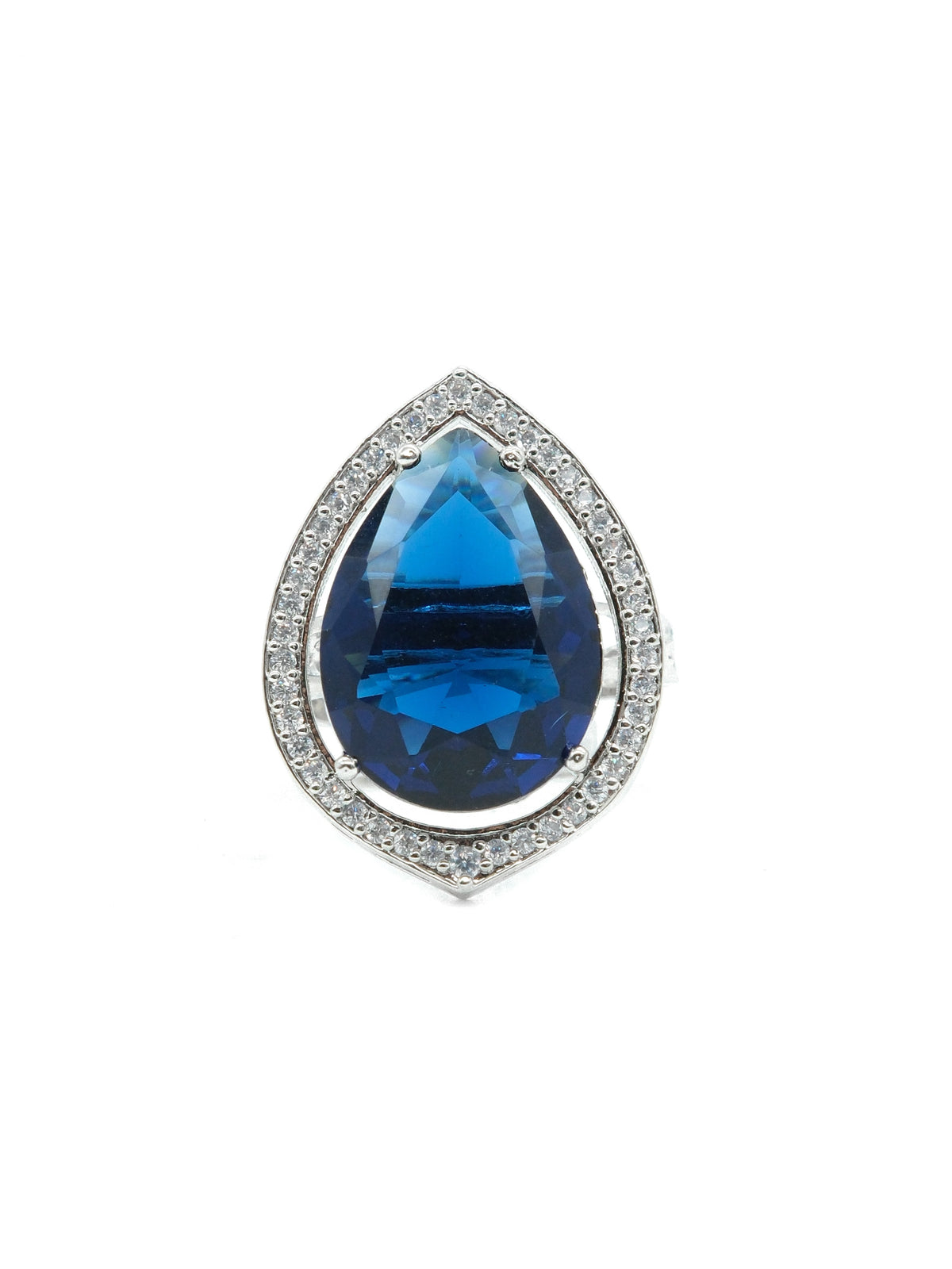Silver Plated Blue American Diamond Teardrop Halo Ring