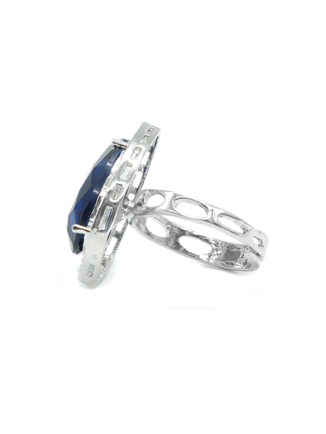 Silver Plated Blue American Diamond Teardrop Halo Ring