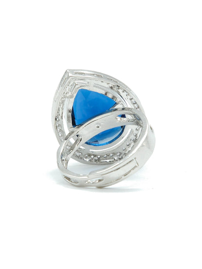 Silver Plated Blue American Diamond Teardrop Halo Ring