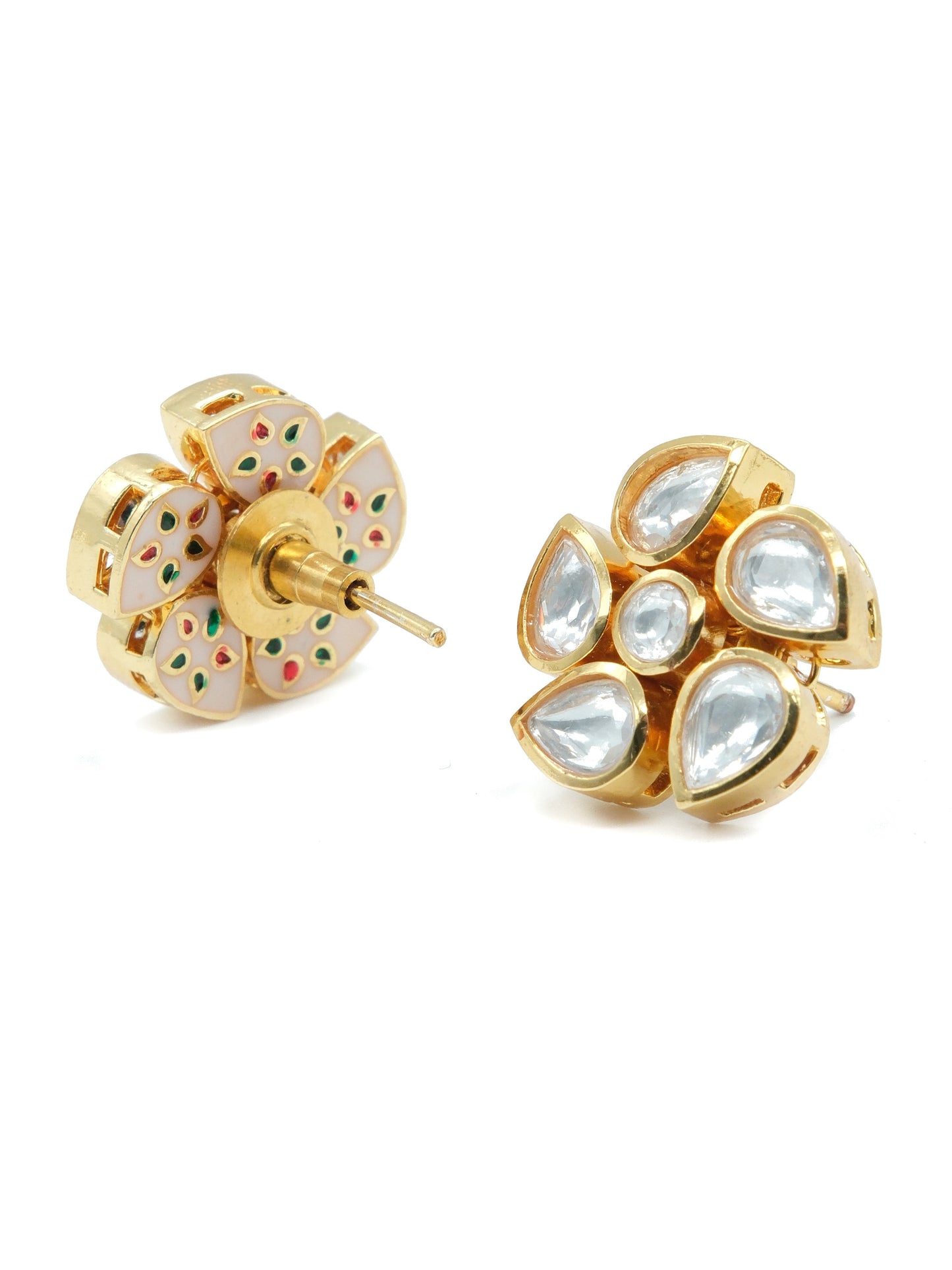 Gold Plated Kundan Six Petal Flower Stud Earrings