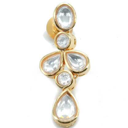 A gold-plated drop earring featuring a vertical arrangement of clear, faceted gemstones in oval and teardrop shapes, set against a plain white background.