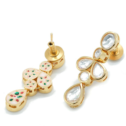 A pair of gold-plated dangle earrings with clear teardrop-shaped crystals and small multicolor enameled floral accents in pink, green, and red, displayed on a clean white background.
