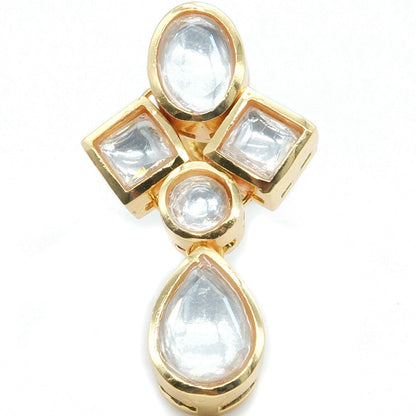 A gold-plated cluster earring featuring clear, transparent stones in teardrop, oval, square, and round settings, presented on a solid white background.