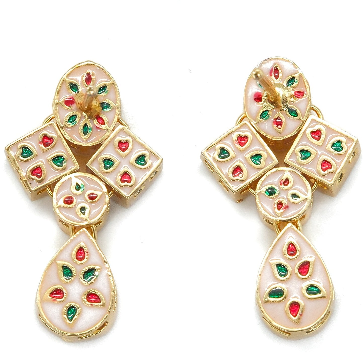 A pair of gold-plated statement earrings featuring white mother-of-pearl teardrop drops and square panels decorated with red and green enamel accents, set against a plain white background.